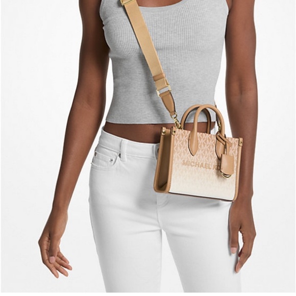 Michael Kors Mirella Extra-Small Ombré Logo Crossbody XBODY ShopperBag Camel NWT - Picture 2 of 16
